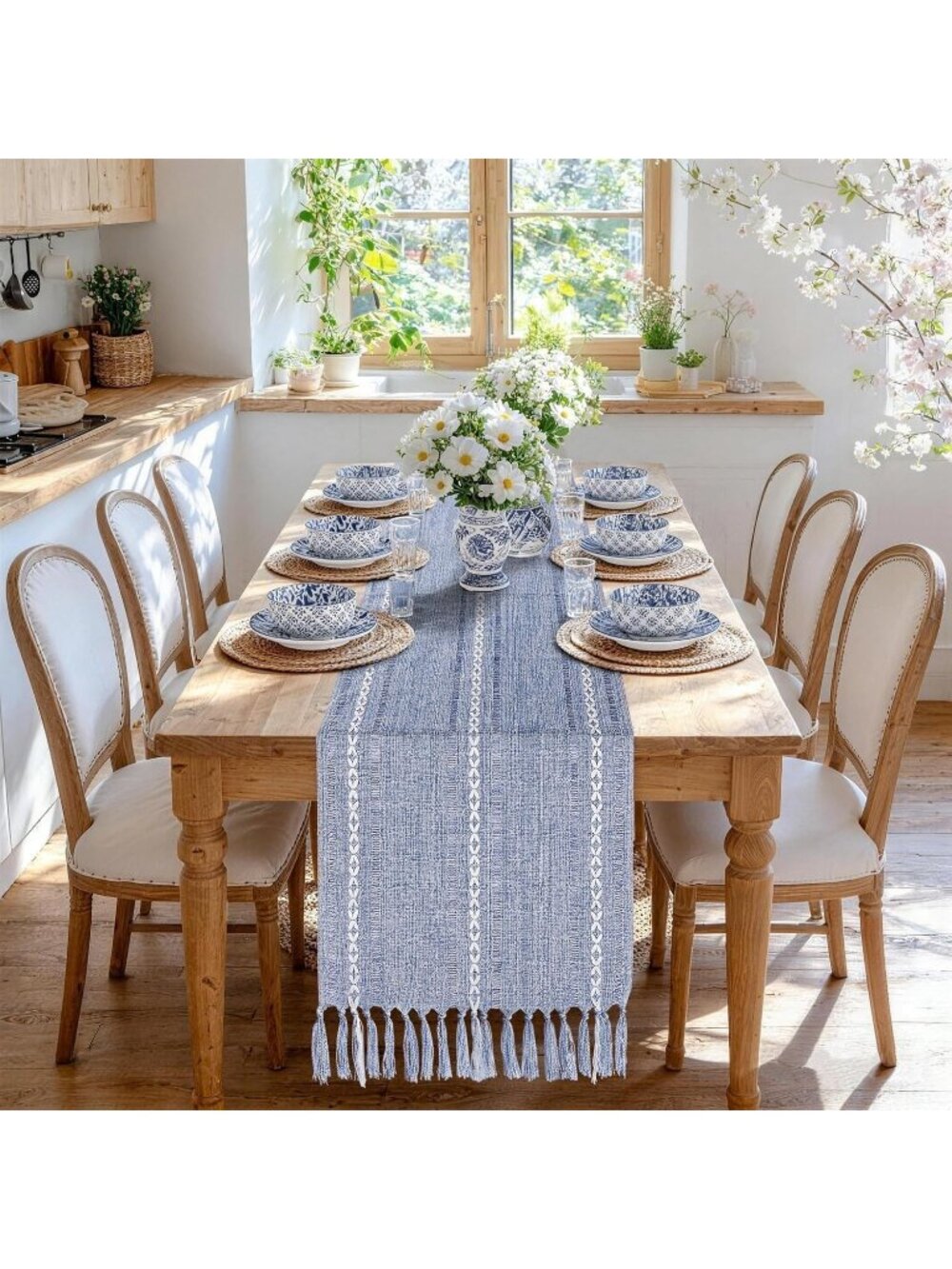 Farmhouse Cotton Linen Table Runners 13 X108 Inches, Dusty Blue Table Runner
